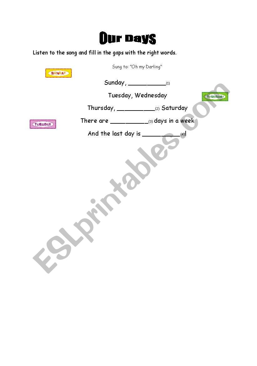 Days of the week song worksheet