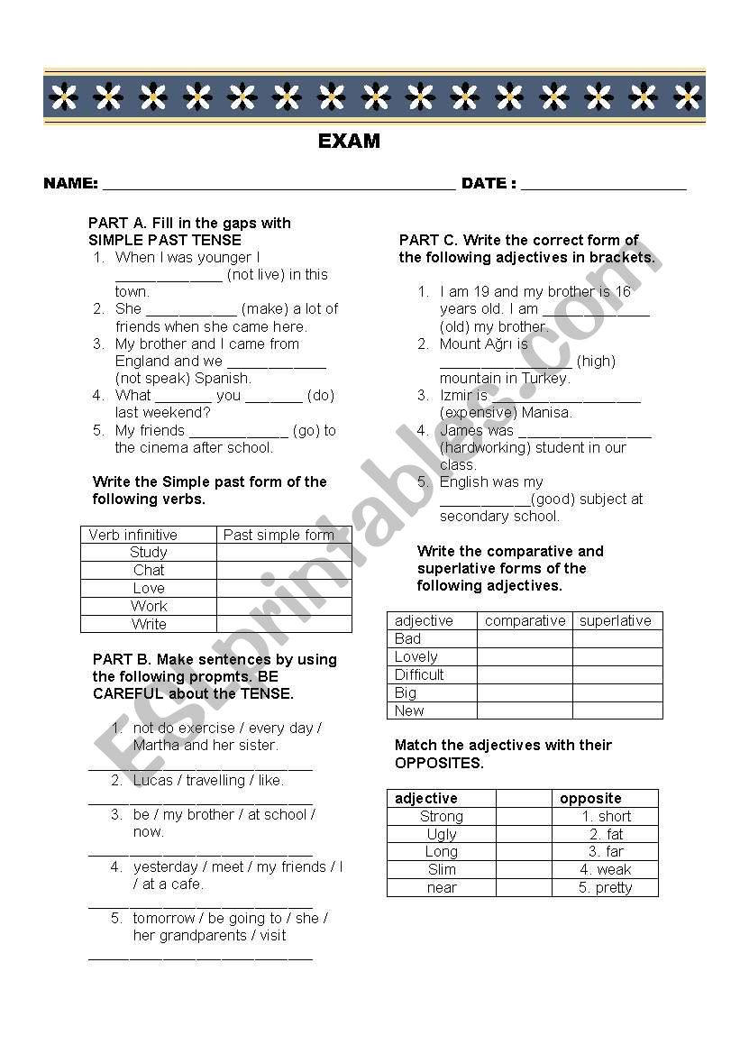 exam for elementary worksheet