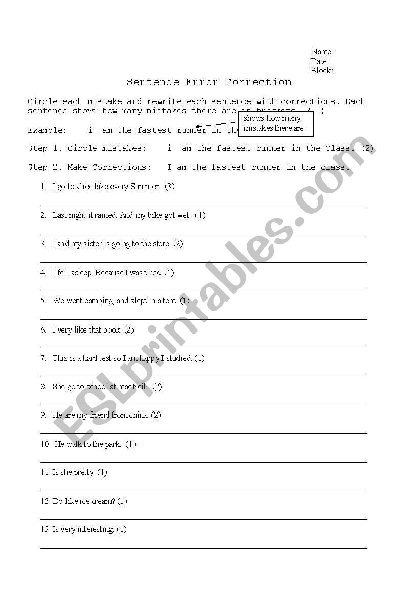 Common Sentence Errors Beginners ESL Worksheet By BCTeacher