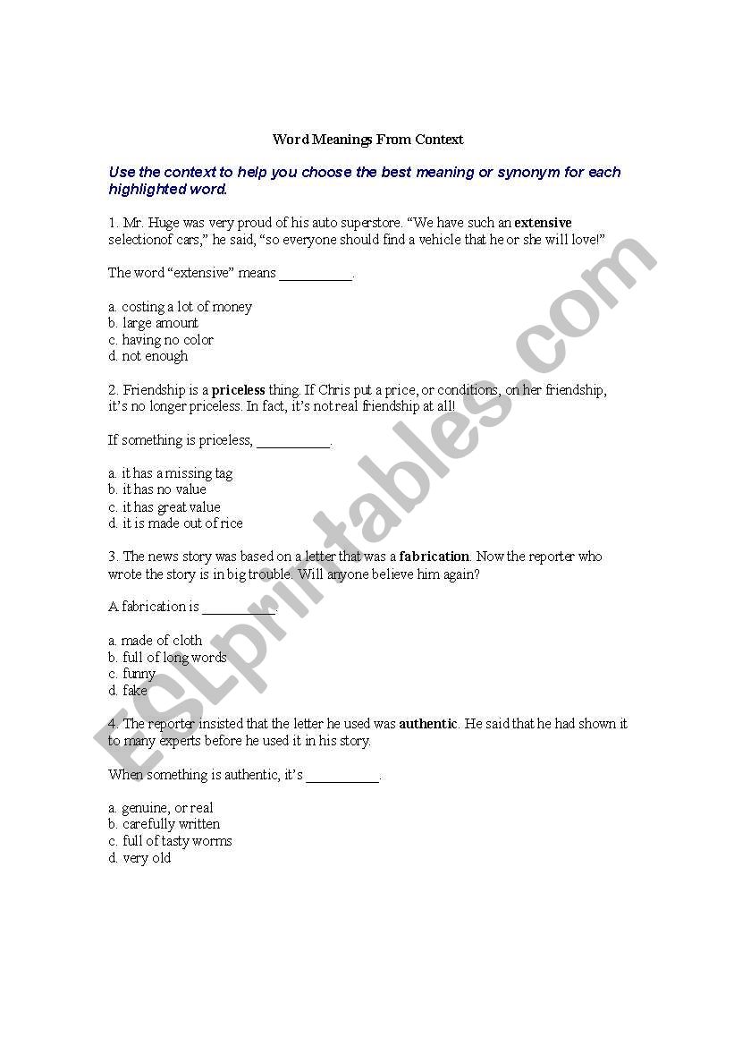 Word Meanings from Context worksheet