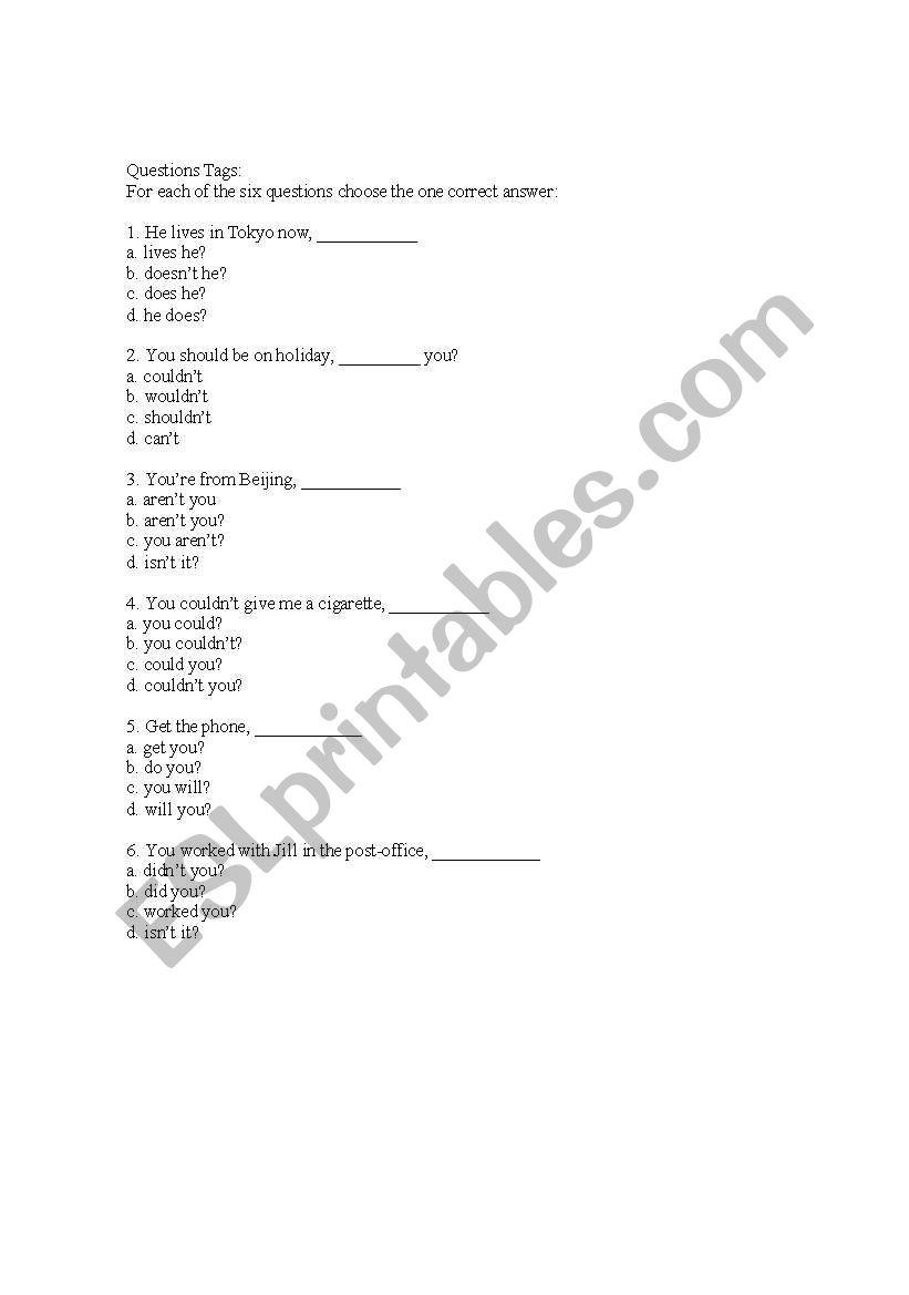 Tag Questions Exercises worksheet