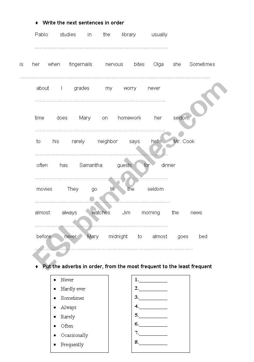 Frequecy adverbs worksheet