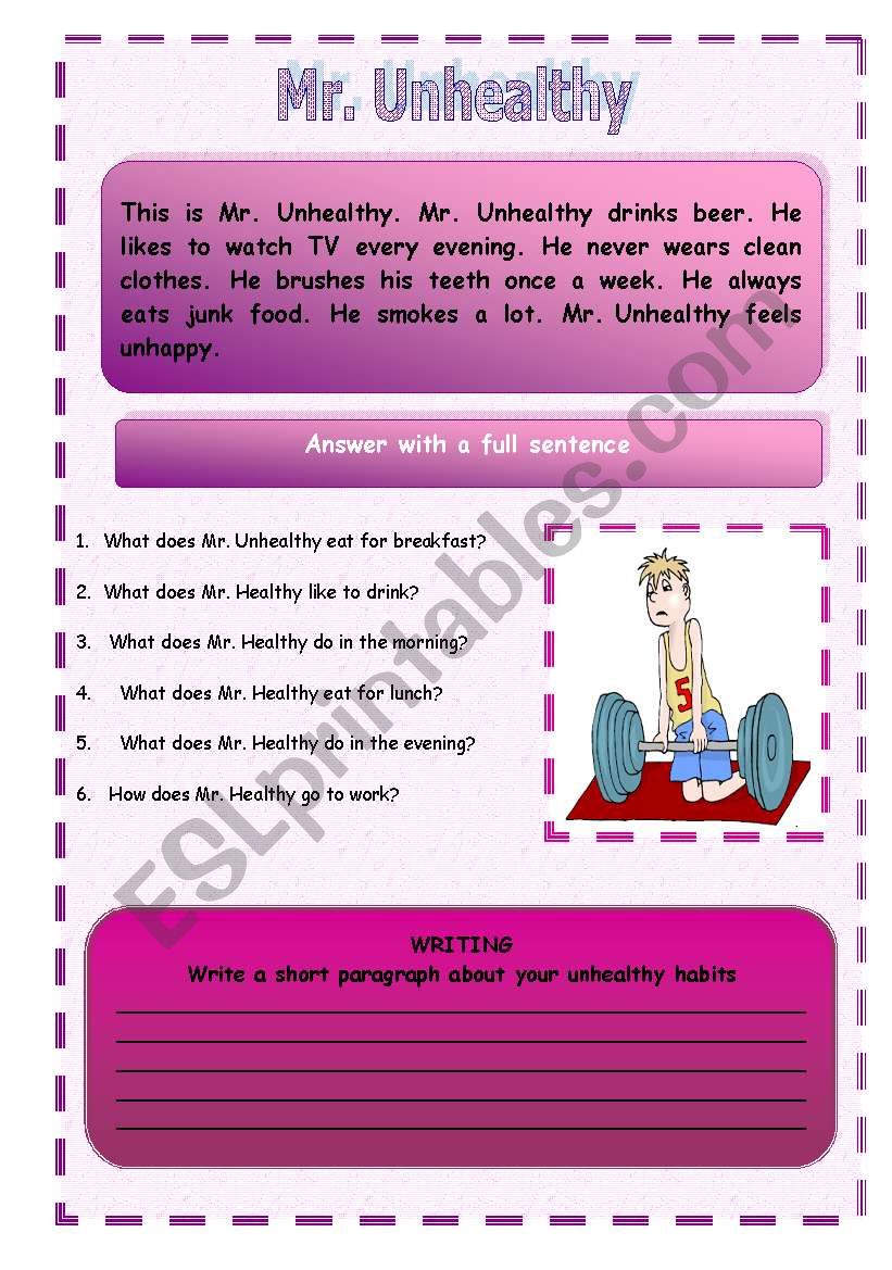 READING : Mr. Unhealthy worksheet