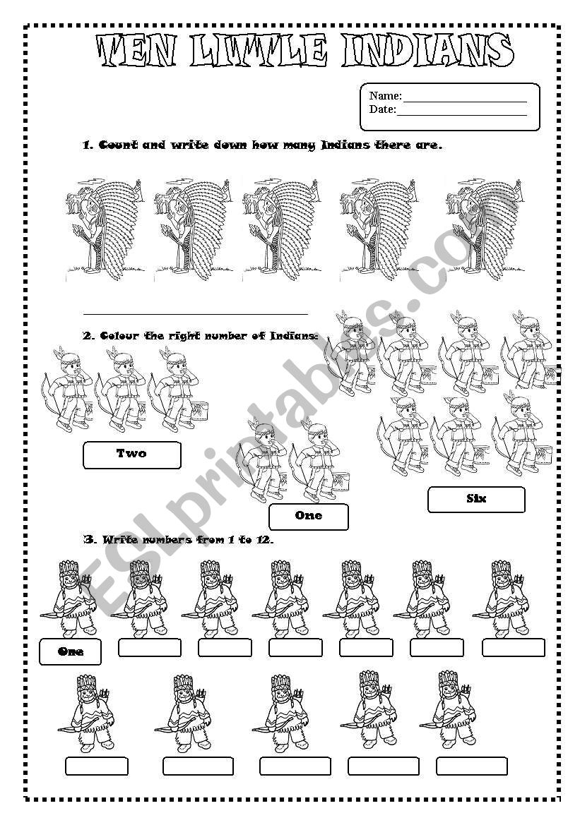 Ten little indians- Numbers worksheet