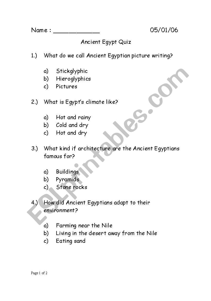 Ancient Egypt Quiz worksheet