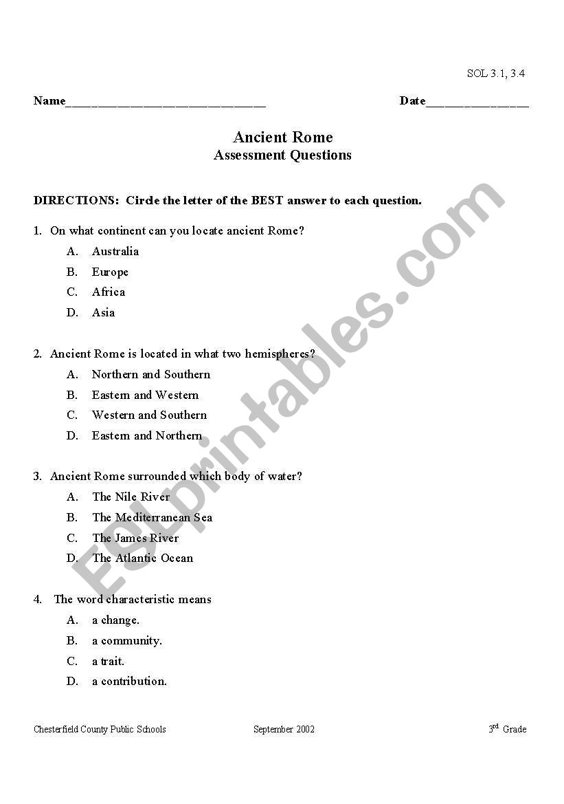 Ancient Rome Quiz worksheet