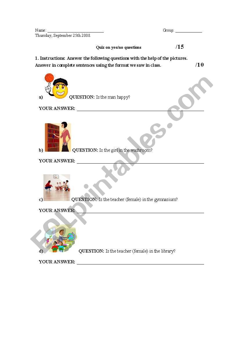 Quiz on yes/no questions worksheet