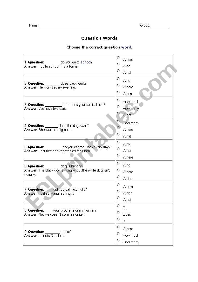 Questions words, articles and plurals activity