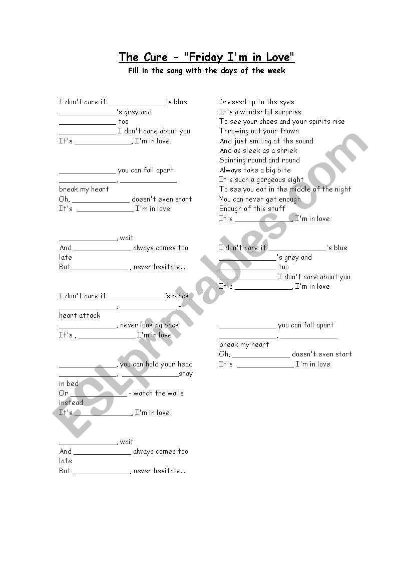 Friday im in love worksheet