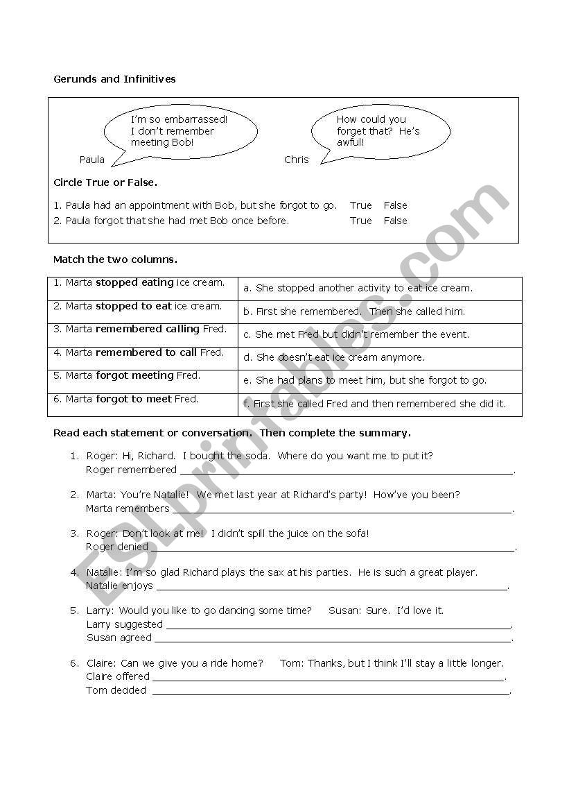 Gerund or Infinitive worksheet