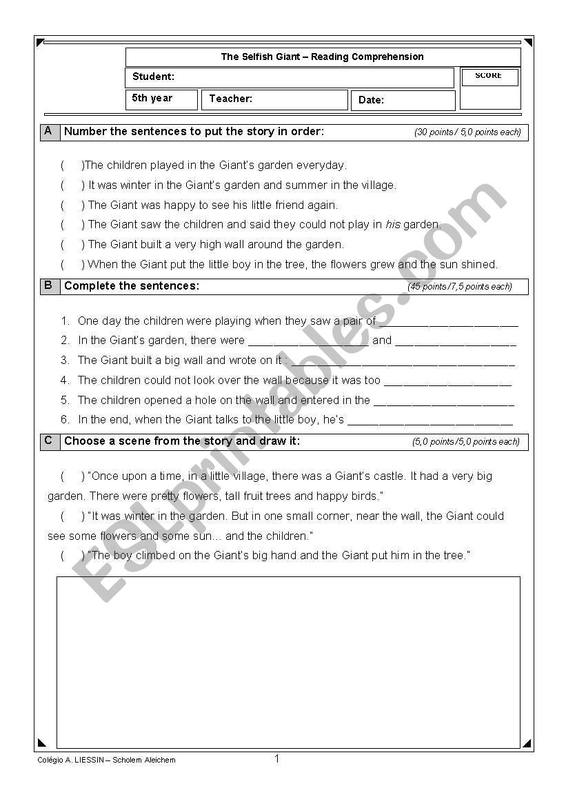 The Selfish Giant worksheet