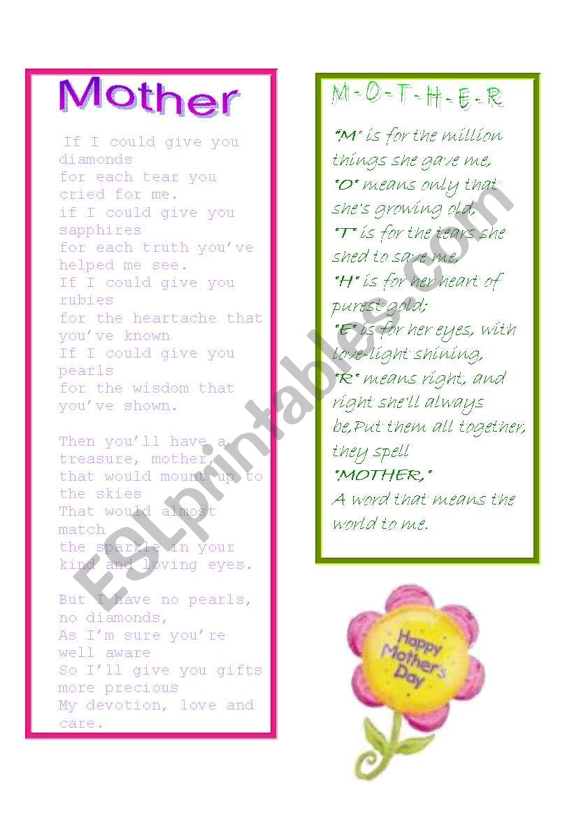 motherÂ´s day poems worksheet