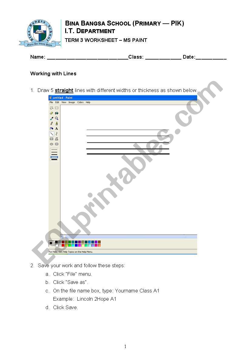 MS Paint Worksheet worksheet