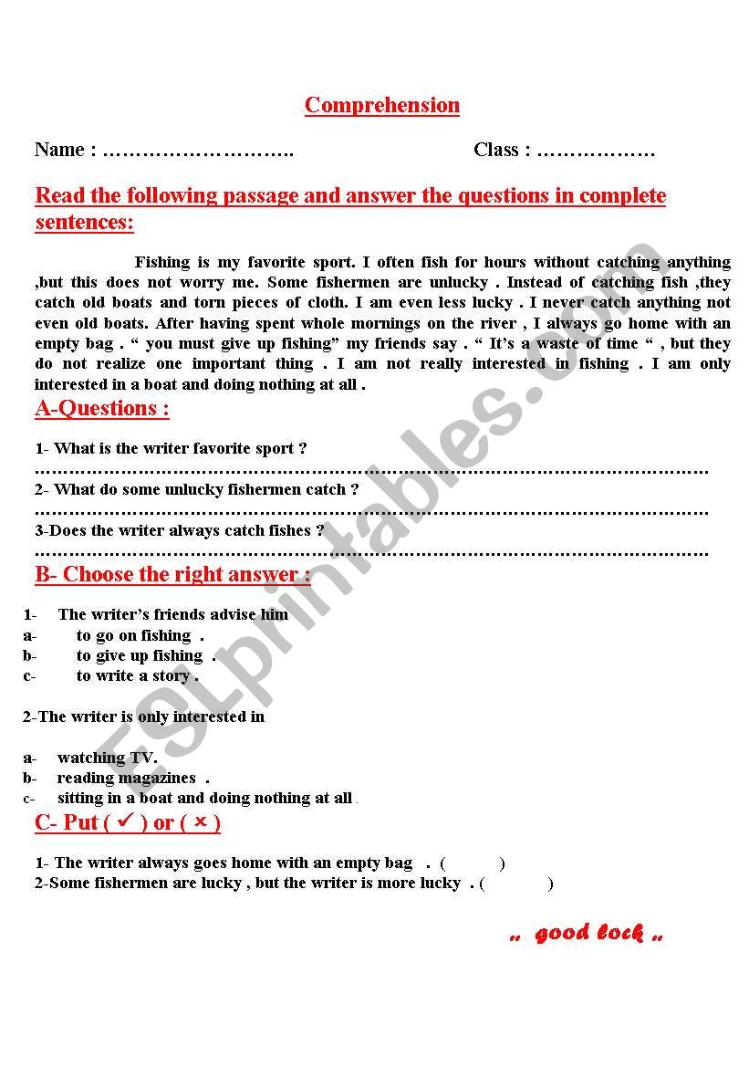 comprehention worksheet