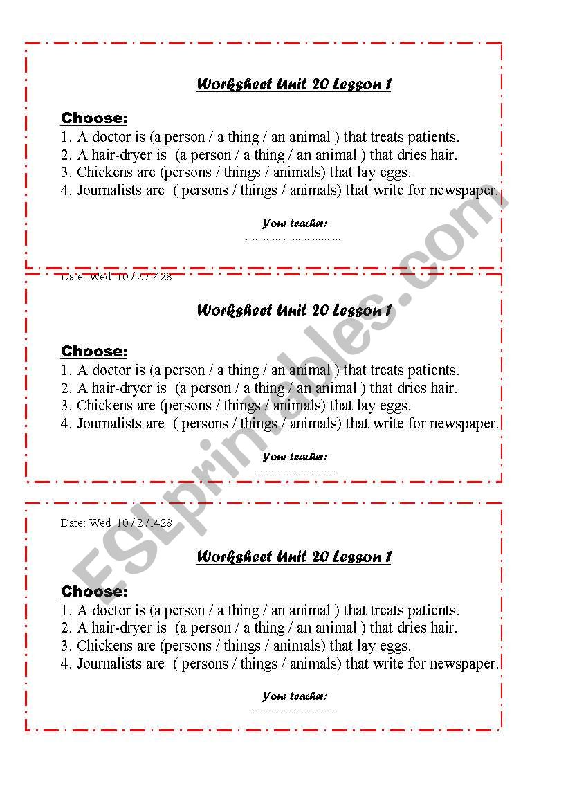 person - thing - animal worksheet