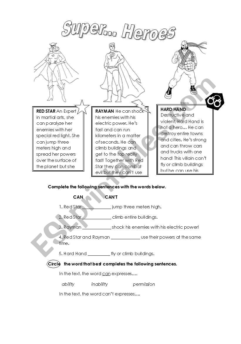 Super.. Heroes CAN/CANÂ´T worksheet
