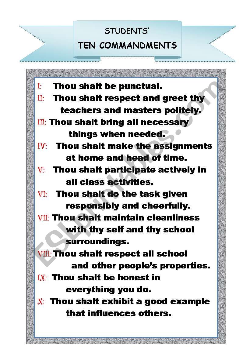 Students Ten Commandments worksheet