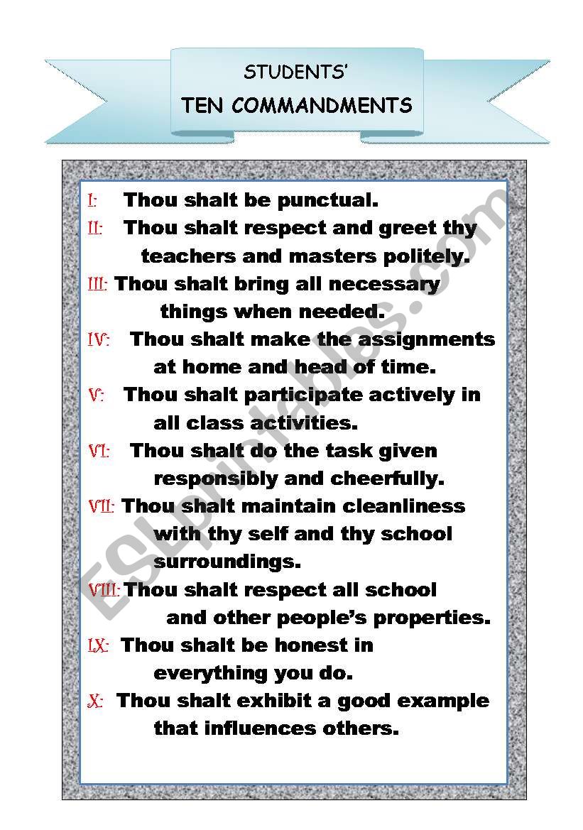 Students Ten Commandments worksheet