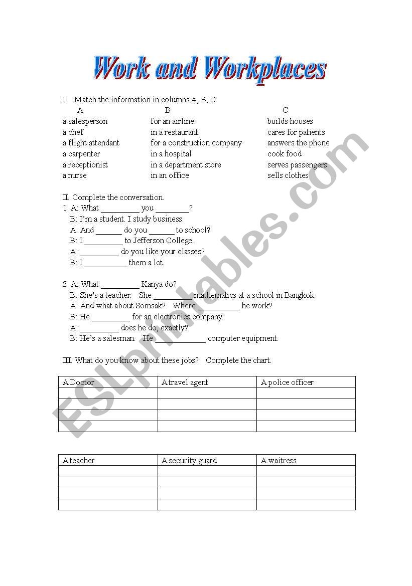 work and workplaces worksheet