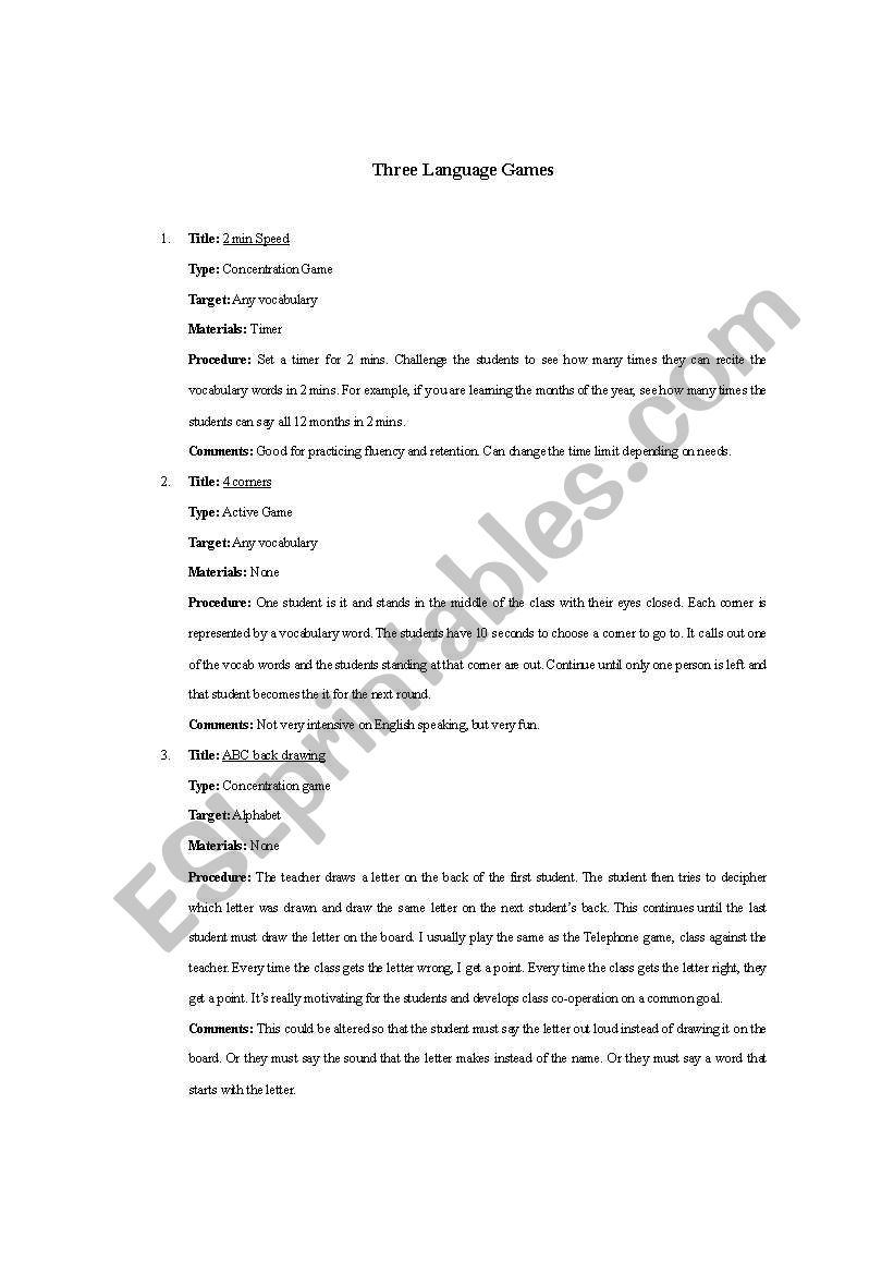 Three language Games worksheet