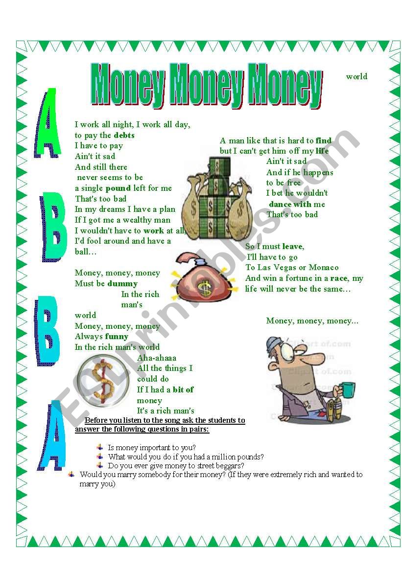 Song about money - vocabulary exercises + discussion questions + MP3 download link