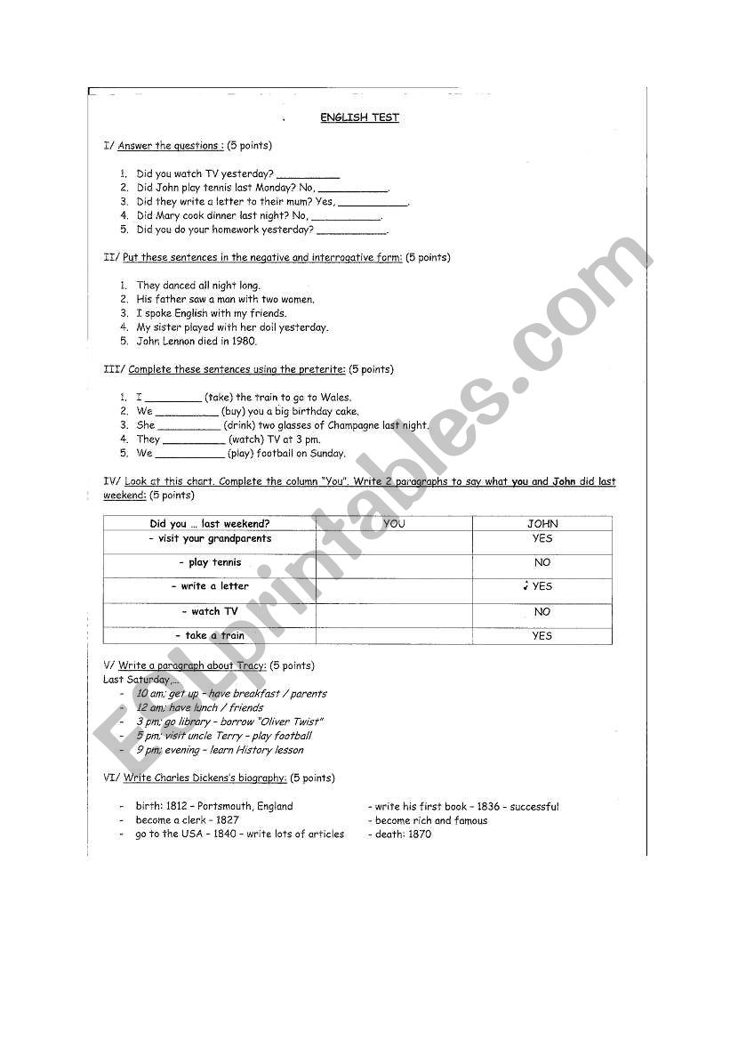 SIMPLE PAST ENGLISH TEST worksheet