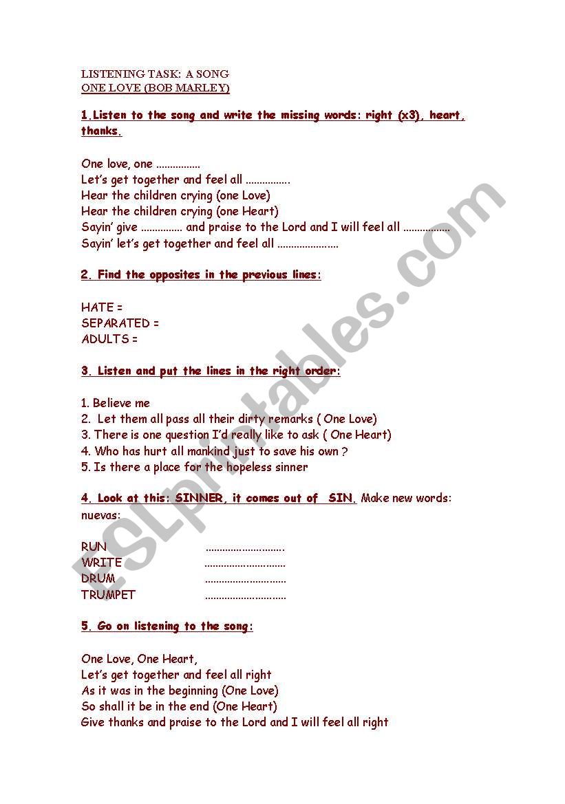 exploiting songs in english worksheet