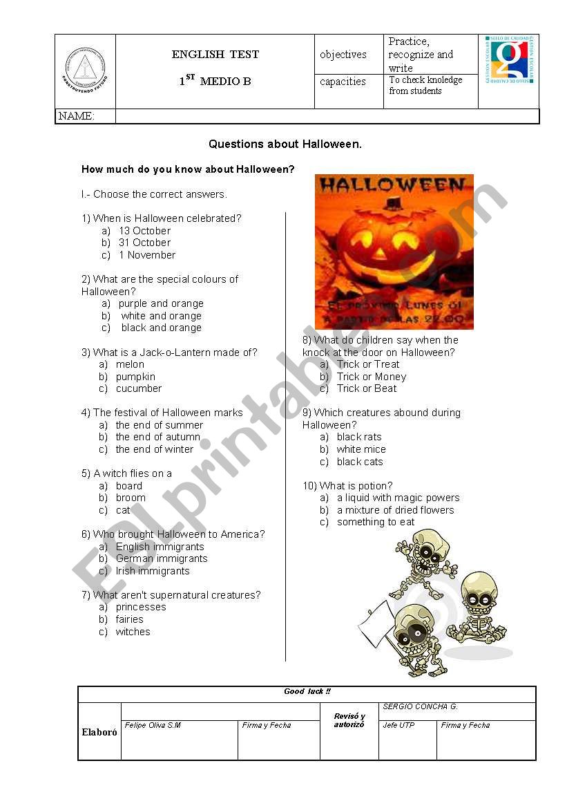 Questions about Halloween worksheet