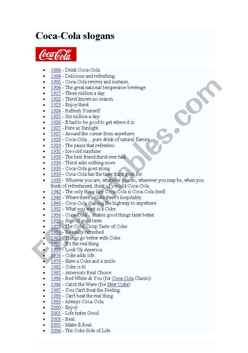 Coca slogans worksheet