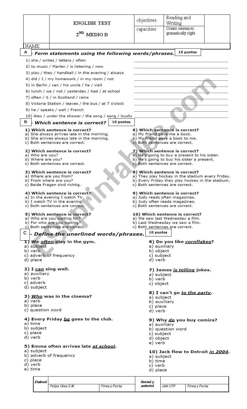 Word order test worksheet