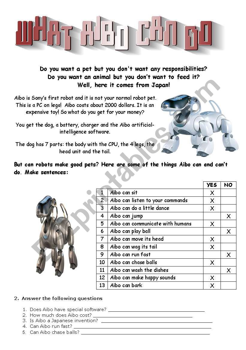 What Aibo Can Do worksheet