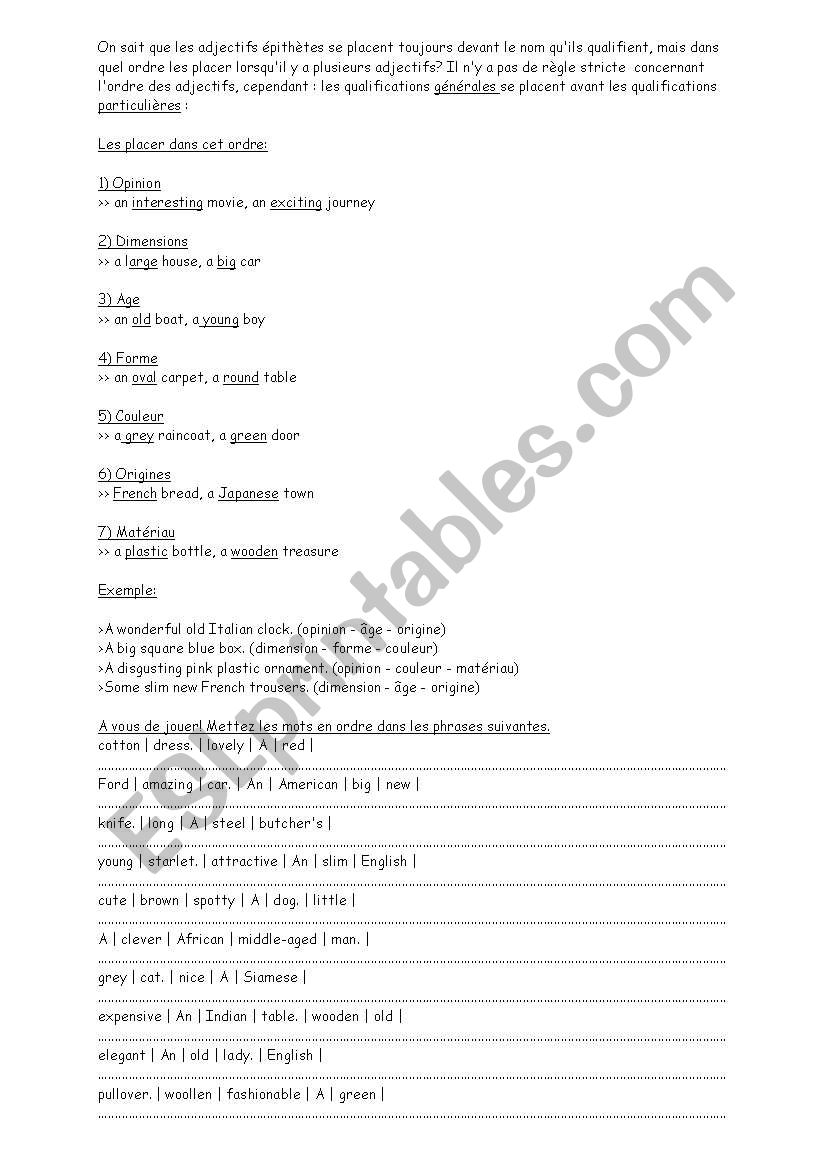 place des adjectifs worksheet