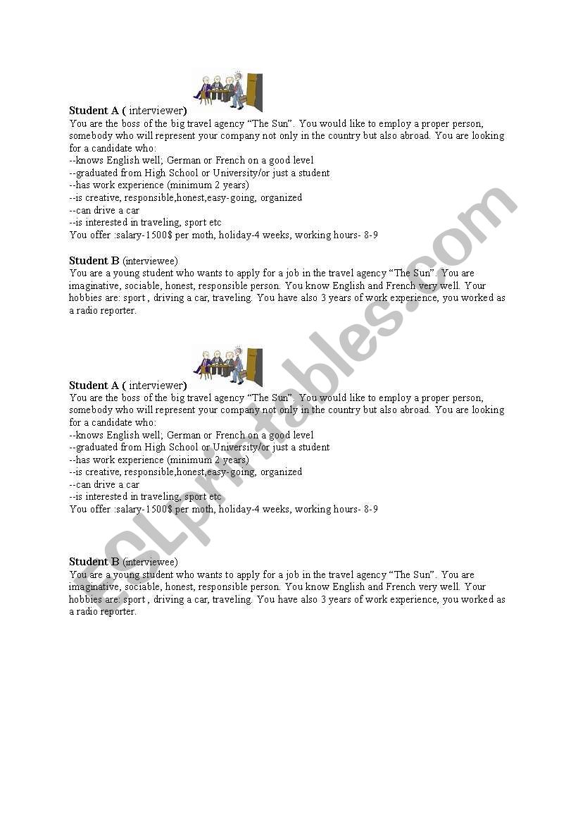 job interview- role play worksheet