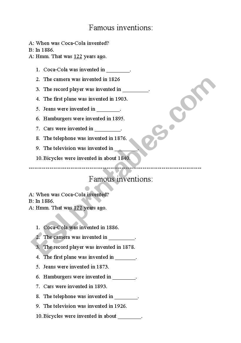 Famous inventions worksheet