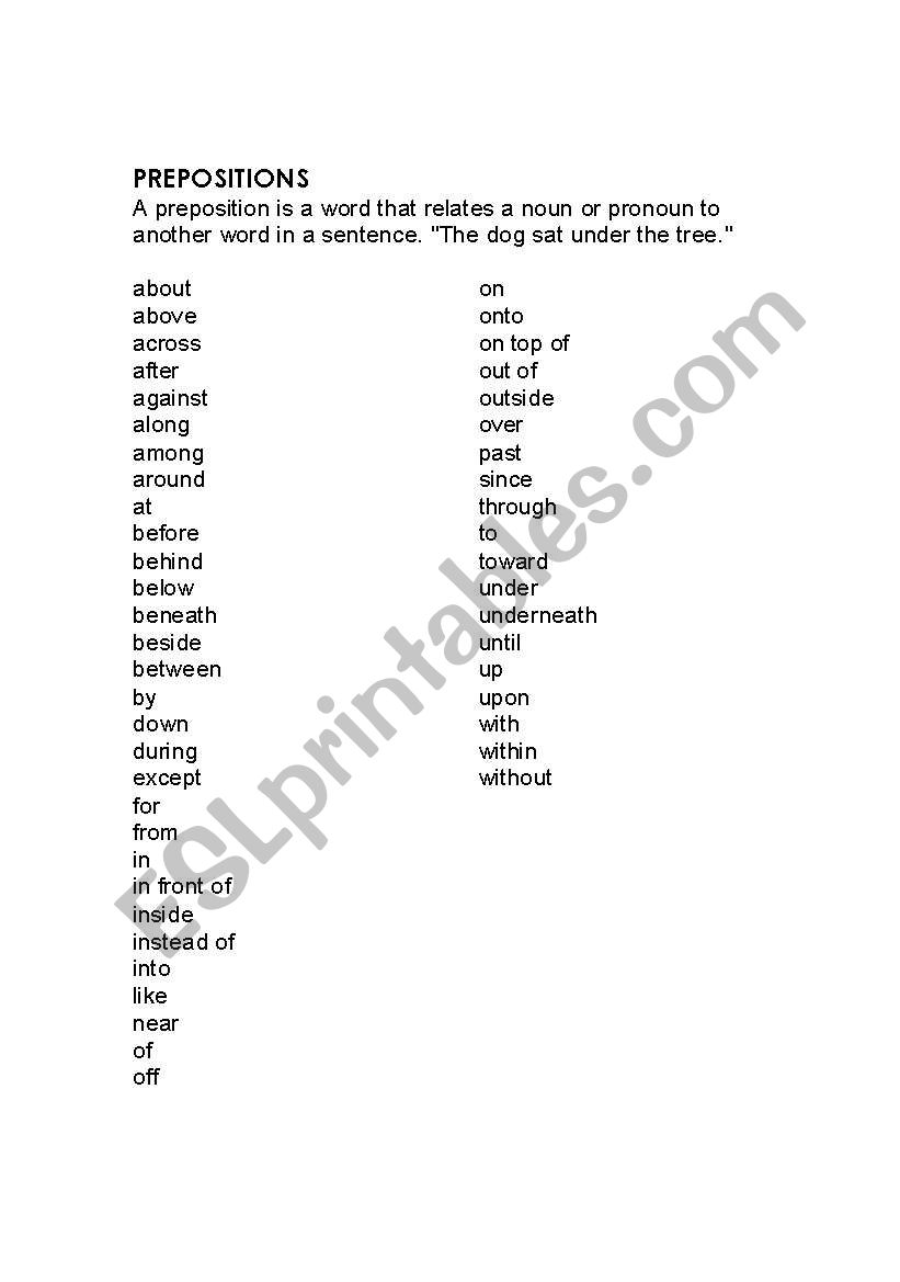 BASIC PREPOSITION LIST worksheet