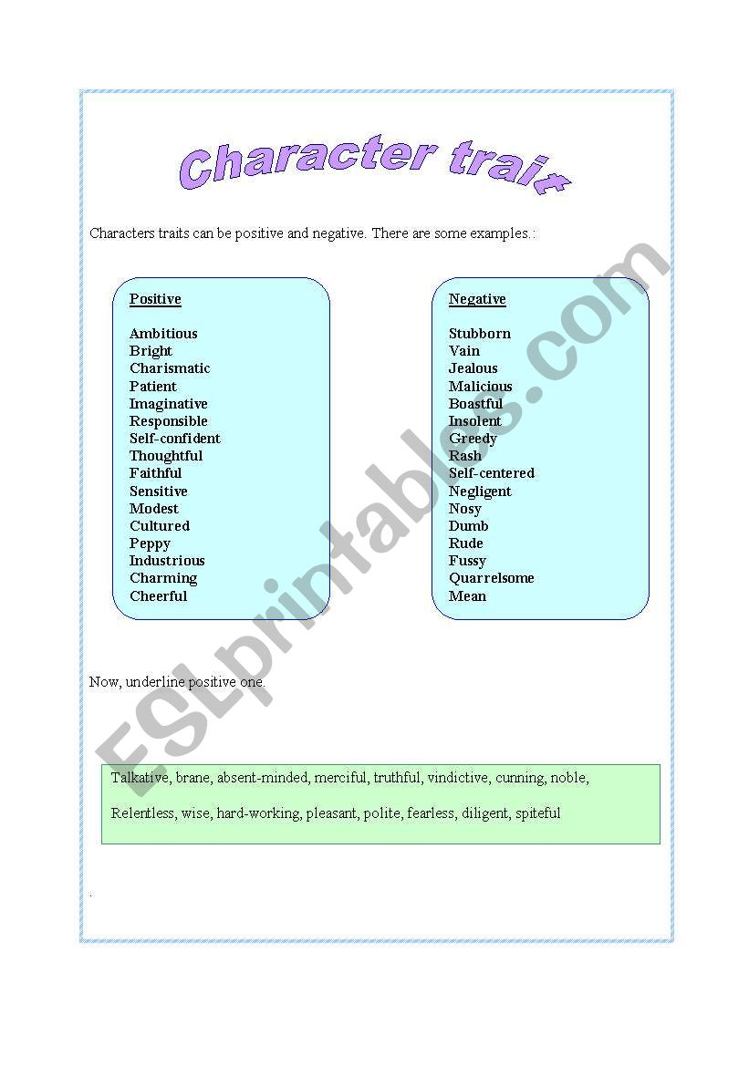 character adjectives worksheet