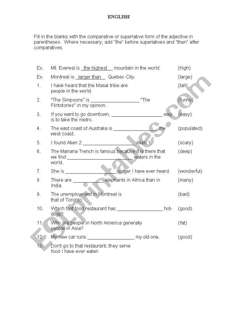 COMPARATIVES AND SUPERLATIVES worksheet