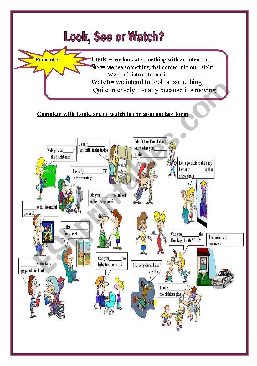 Synonyms Look, See, Watch worksheet