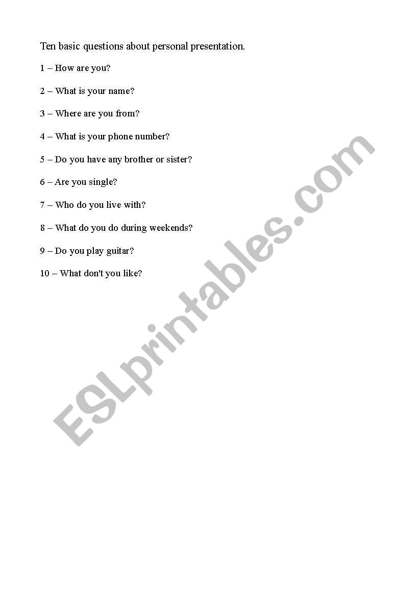 10 presentation questions worksheet