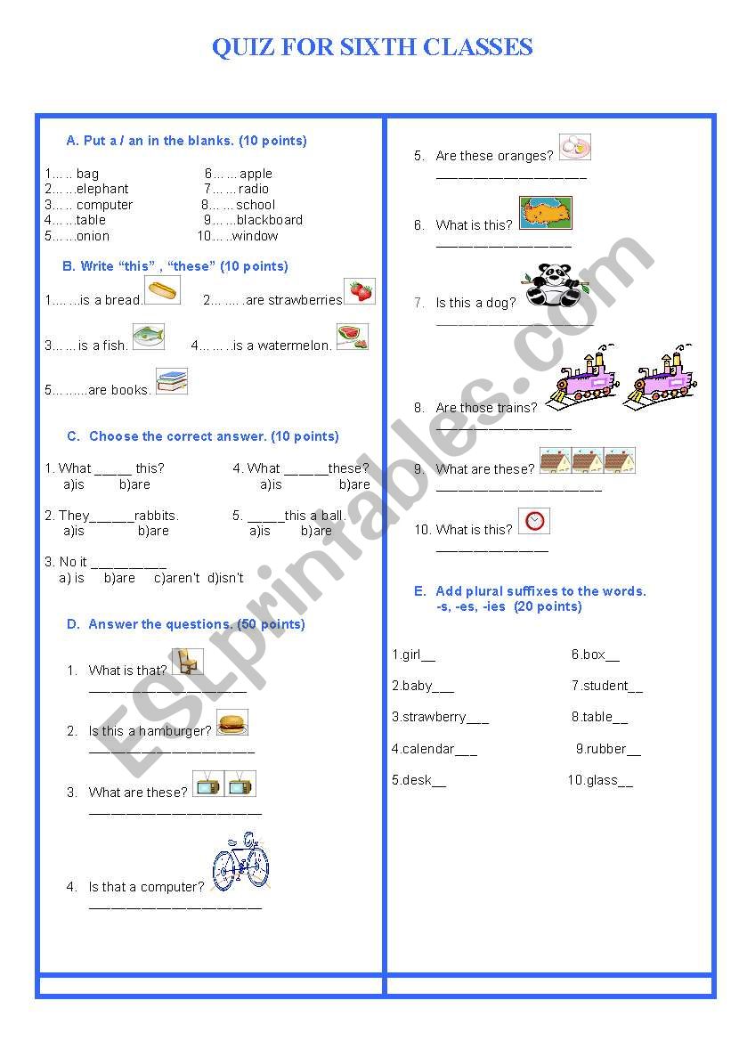 QUIZ FOR SIXTH CLASSES worksheet