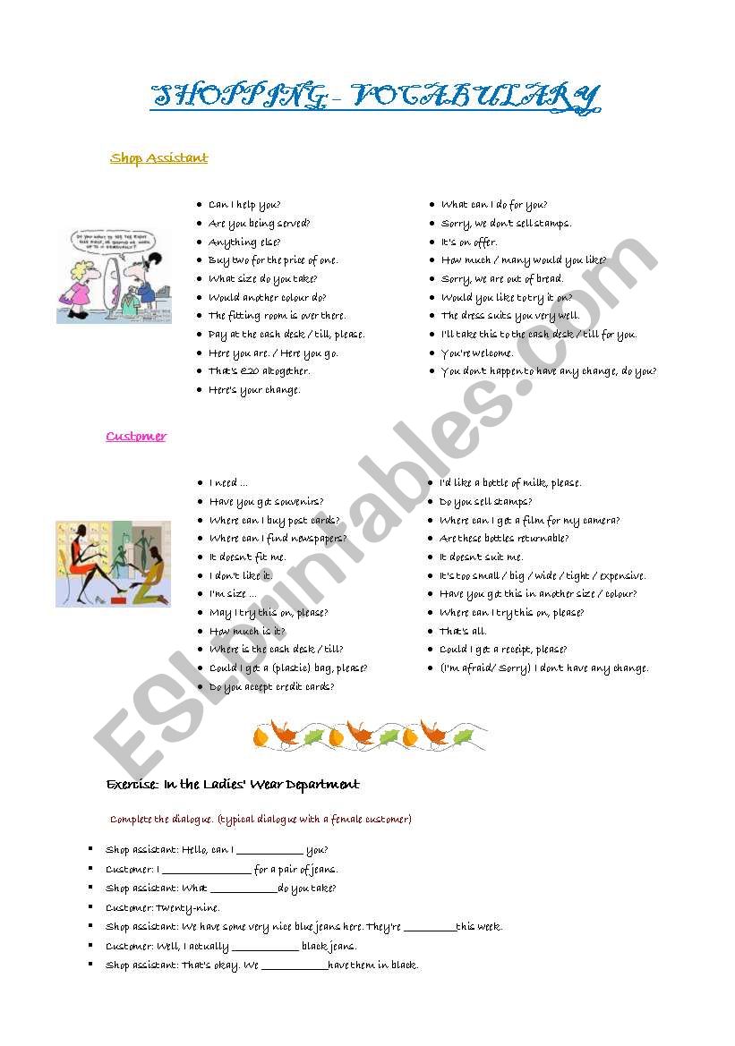 Shopping worksheet