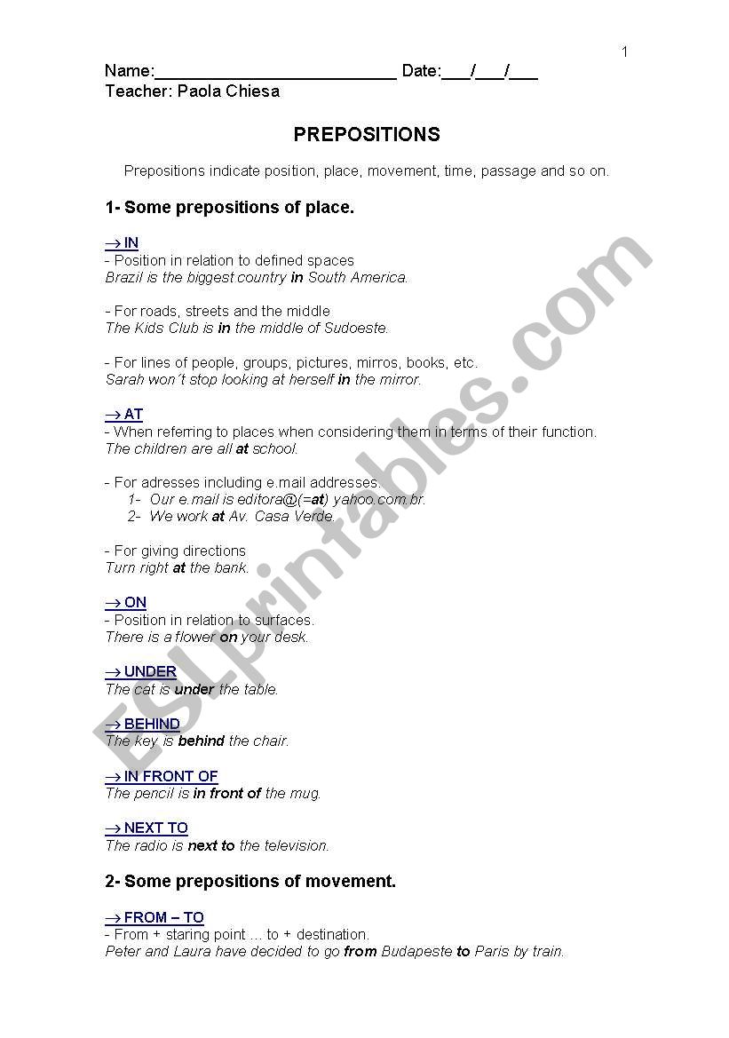 Prepositions worksheet