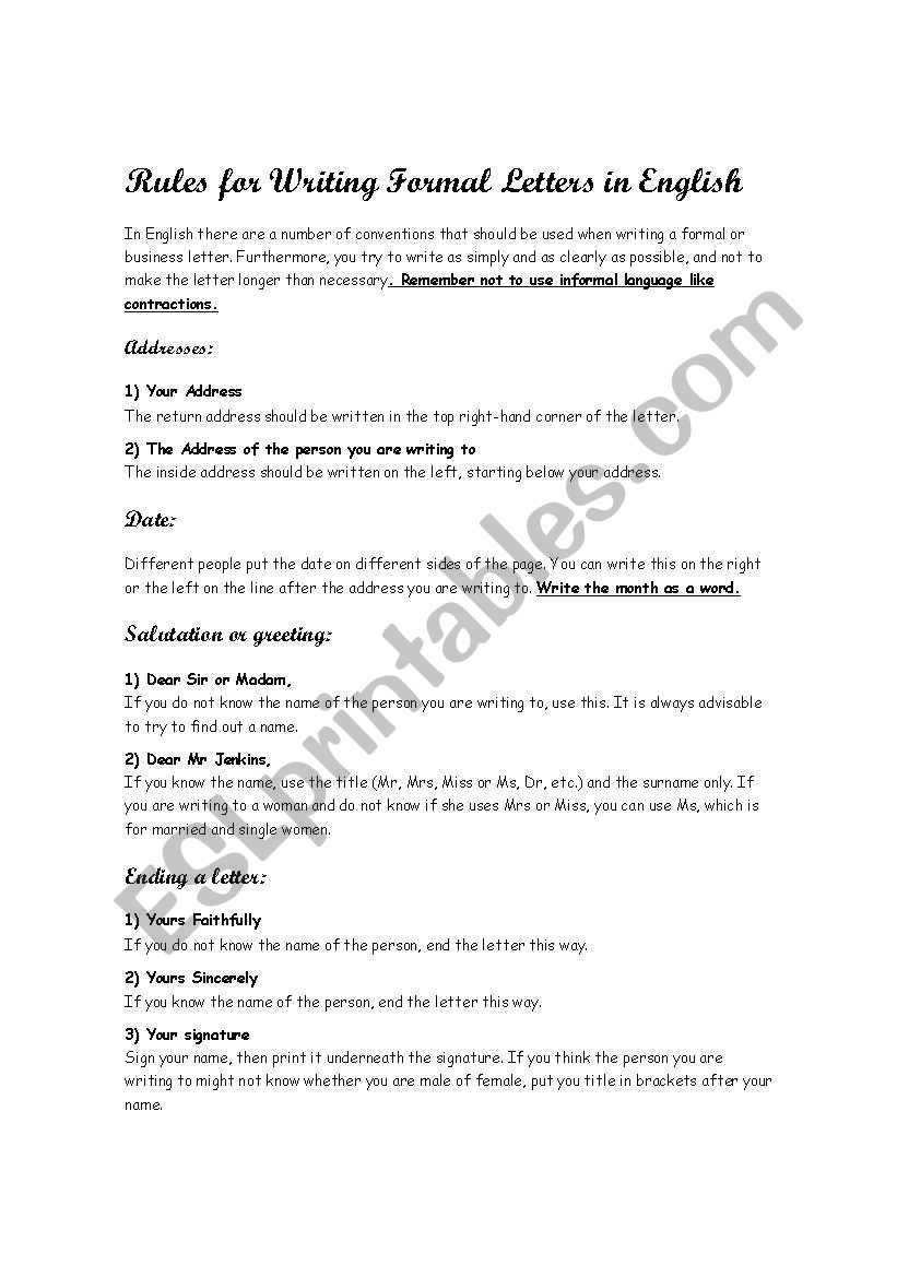 Rules for Writing a Formal Letter in English
