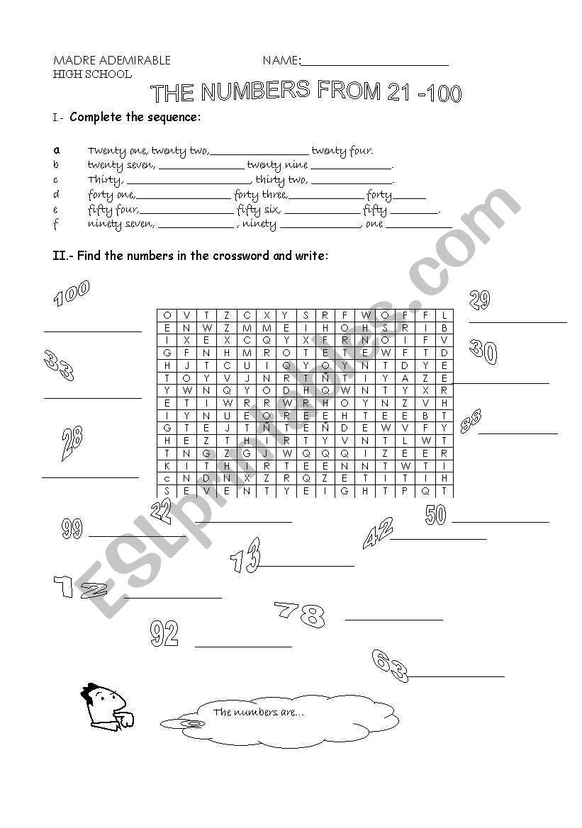 numbers from21 - 100 worksheet