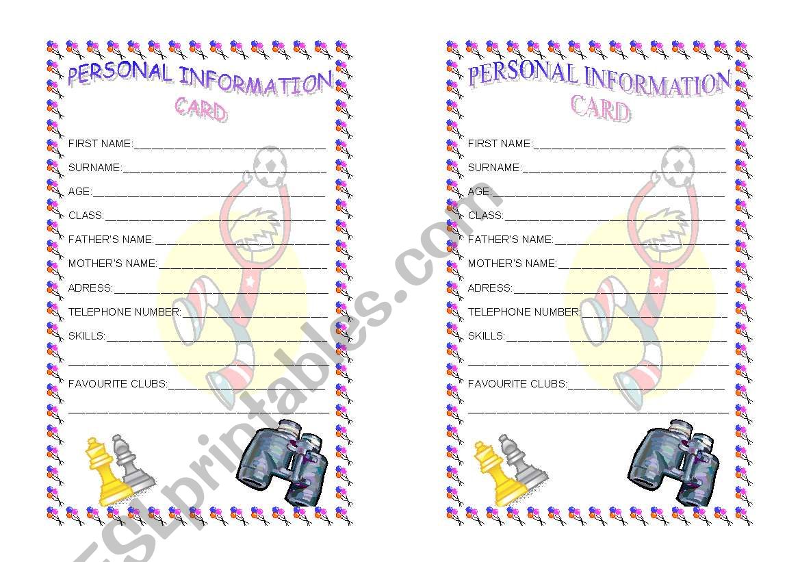 personal information card worksheet