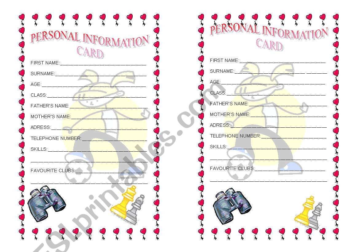 personal information cards girls