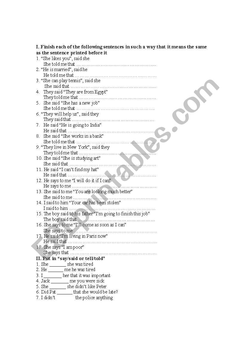 reported speech worksheet