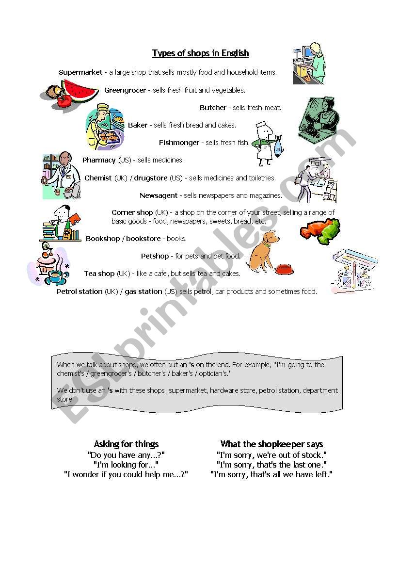 Types of shops - 1 worksheet