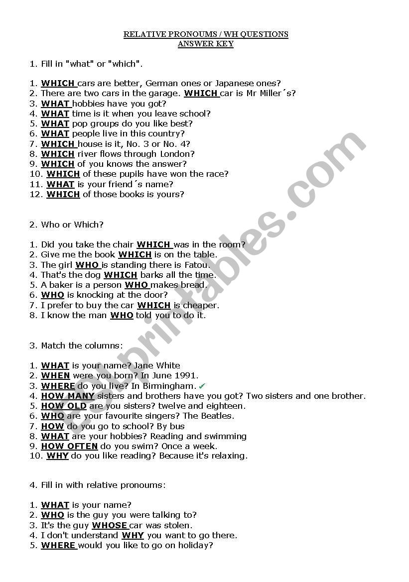 Relative Pronouns - Answer Key