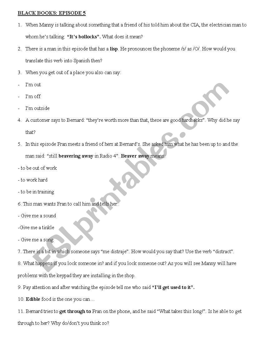 Black books episode 5. Exercises